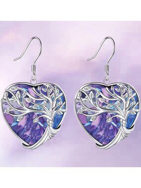 Heart Shape Tree of Life Earrings Purple & Blue Crystal Drop Earrings in Silver